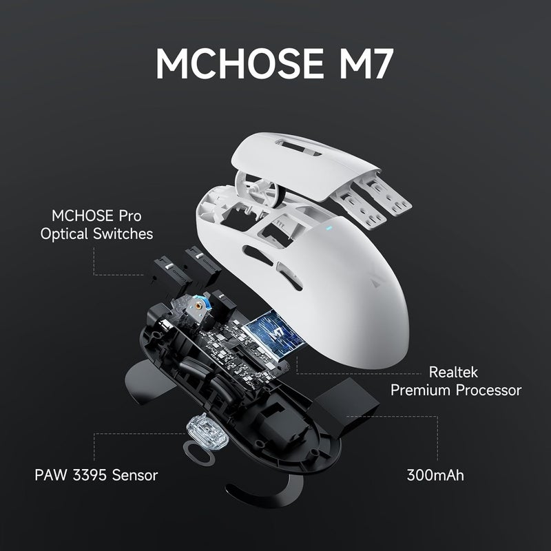 MCHOSE ماوس الألعاب اللاسلكي M7، 8K معدل الاستطلاع، ماوس كمبيوتر خفيف الوزن 53 جرام بتصميم مريح، مستشعر بصري PAW3395، 650 IPS، 26000 DPI، 6 عناصر تحكم قابلة للبرمجة، USB-C 3 أوضاع، للكمبيوتر/ماك أبيض - Image 5
